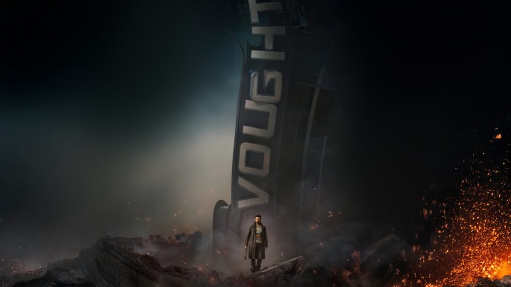 Un personnage se tient debout devant une grande structure avec le mot 'Vought', dans un paysage sombre et chaotique avec des débris et des flammes.