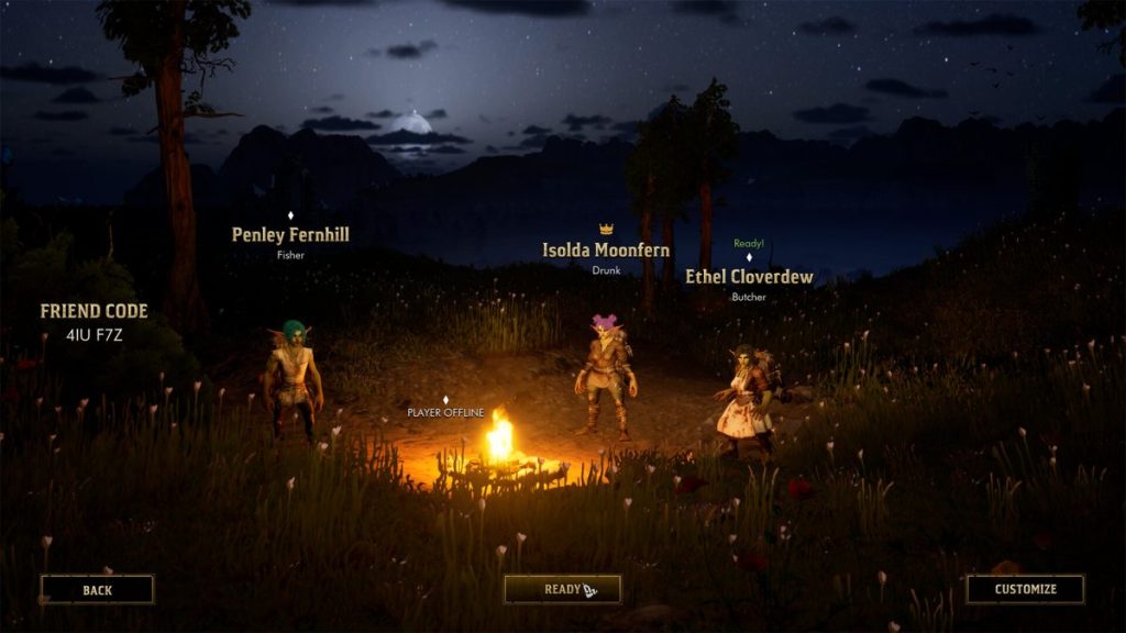 Un groupe de personnages de jeu vidéo se tient autour d'un feu de camp dans un paysage nocturne, avec des montagnes en arrière-plan. Les personnages comprennent Penley Fernhill, Isolda Moonfern et Ethel Cloverdew, chacun avec un rôle différent affiché.