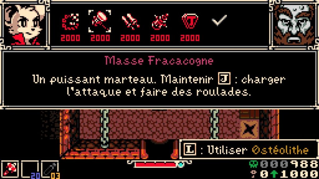 Interface de jeu montrant un personnage avec des icônes d'armes et une description d'un puissant marteau appelé 'Masse Fracacogne'.