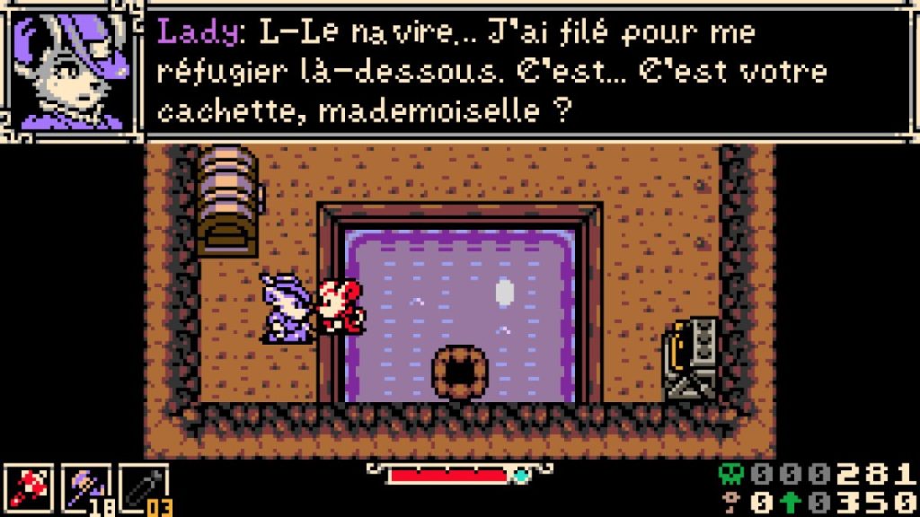 Une scène d'un jeu vidéo où une femme parle à un personnage de couleur bleue près d'une porte menant à un espace aquatique, avec une ambiance de cachette. Le texte à l'écran montre un dialogue impliquant la fuite et une question sur la cachette.