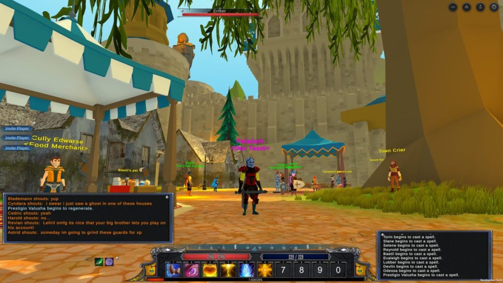 Un joueur dans un environnement de jeu vidéo en 3D, avec des bâtiments médiévaux et des personnages interagissant. Des bulles de dialogue et un panneau de jeu affichent des actions en cours.