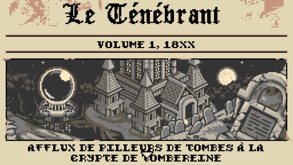 Une illustration monochrome d'un paysage sombre avec un manoir et des tombes, surmonté de la titre 'Le Ténébrant' et mentionnant un afflux de pilleurs de tombes.