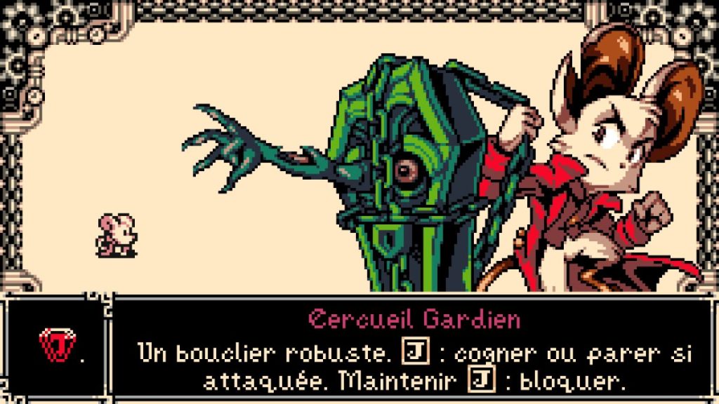 Capture d'écran d'un jeu vidéo montrant un personnage défiant un gardien avec un bouclier, et des instructions à l'écran en français.