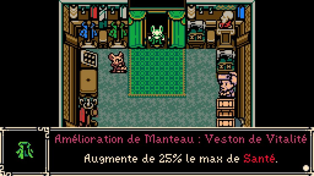 Intérieur d'une boutique de vêtements dans un jeu vidéo, avec un personnage habillé en vert au centre, des vêtements colorés accrochés aux murs et un personnage assis sur une caisse à droite. Texte affiché : 'Amélioration de Manteau : Veste de Vitalité - Augmente de 25% le max de Santé.'
