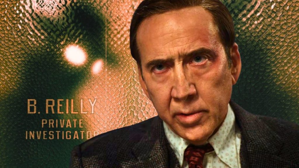 Portrait d'un homme avec un regard intense, portant un costume et une cravate, avec le texte 'B. REILLY - PRIVATE INVESTIGATOR' en arrière-plan.