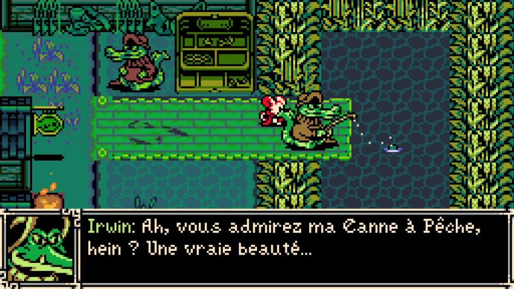Un personnage souris interagissant avec un personnage grenouille sur un pont, discutant d'une canne à pêche.