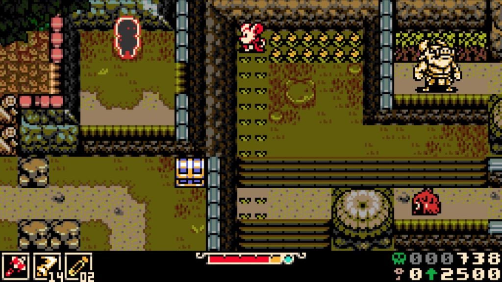 Un personnage de jeu vidéo se déplaçant dans un environnement pixelisé, avec des éléments comme des murs, des fleurs et des ennemis apparents.