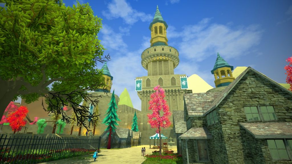 Un château majestueux avec des tours, entouré d'arbres verts et de fleurs roses, dans un paysage paisible sous un ciel bleu.