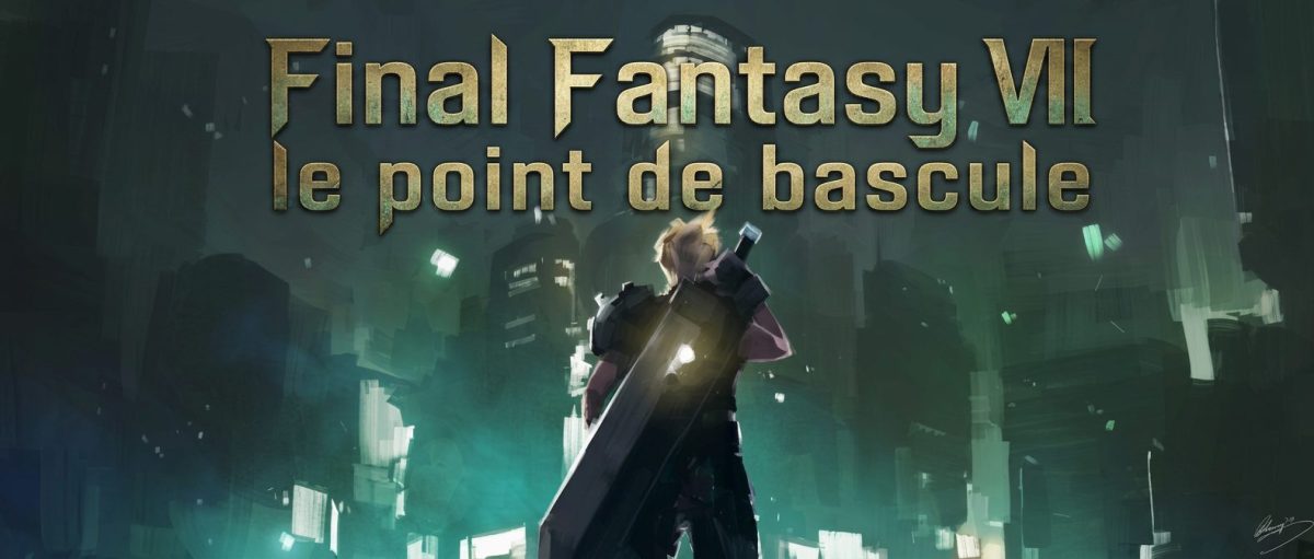 Affiche de Final Fantasy VII avec un personnage central tenant une grande épée, sur fond de ville futuriste sombre.