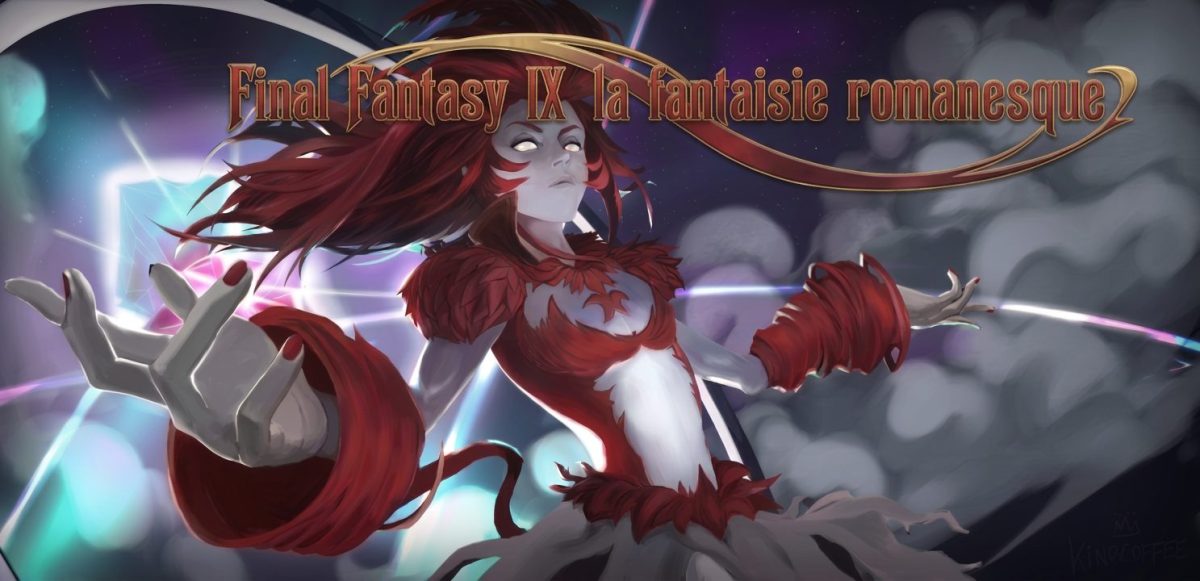 Illustration d'un personnage de Final Fantasy IX avec des cheveux rouges et un costume coloré, tenant une main levée dans un environnement mystique.