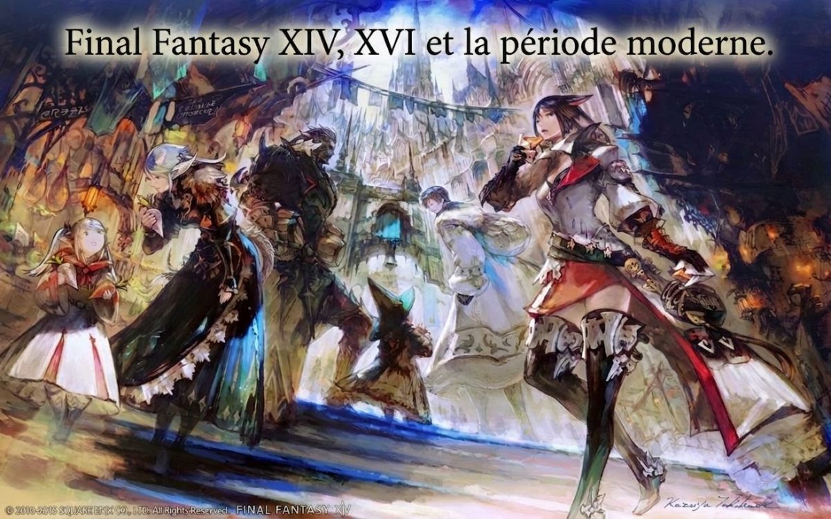 Illustration de personnages de Final Fantasy XIV et XVI, en arrière-plan d'une ville moderne avec des détails fantastiques.