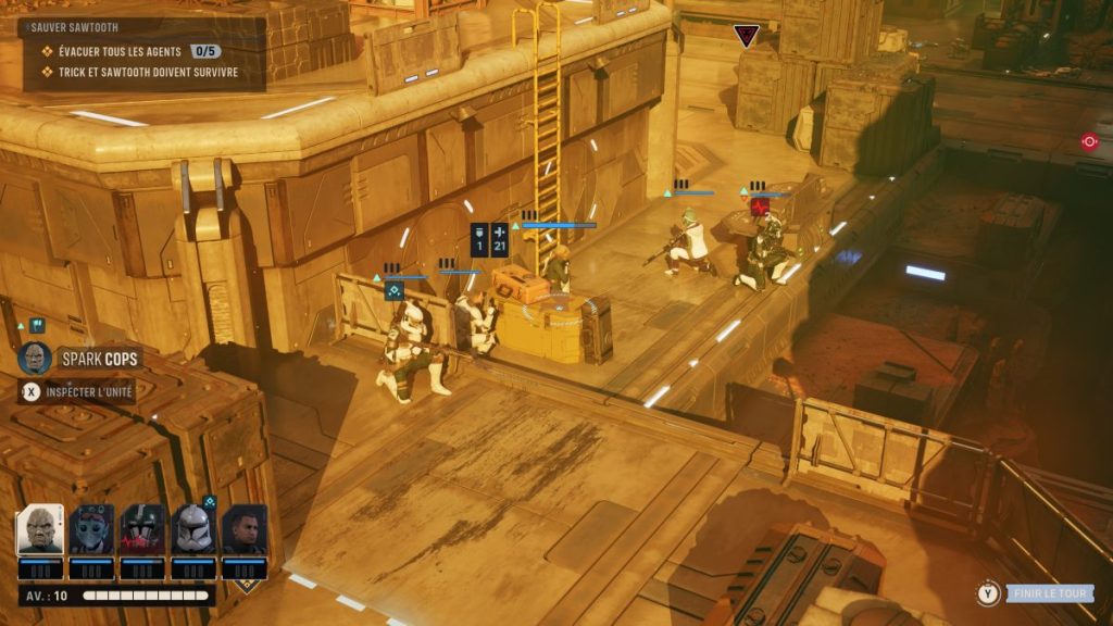 Scène de jeu vidéo montrant des personnages en train de s'engager dans une mission, avec des éléments stratégiques et des objectifs affichés à l'écran.