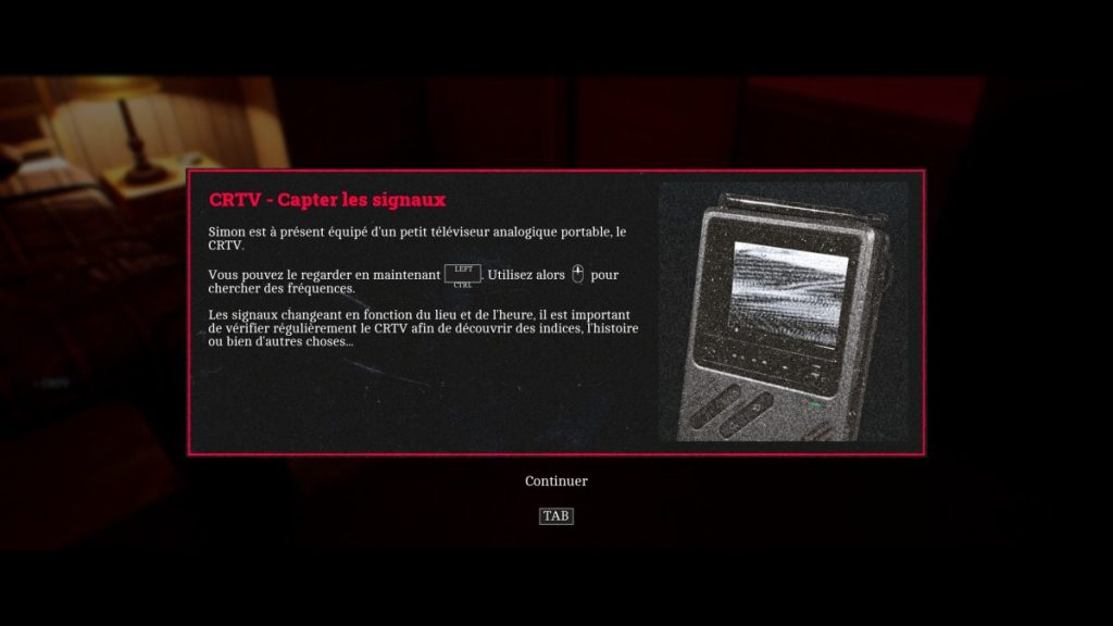 Écran d'un téléviseur CRT avec un signal statique, présentant des instructions pour capter des signaux, mis en contexte d'un récit interactif.