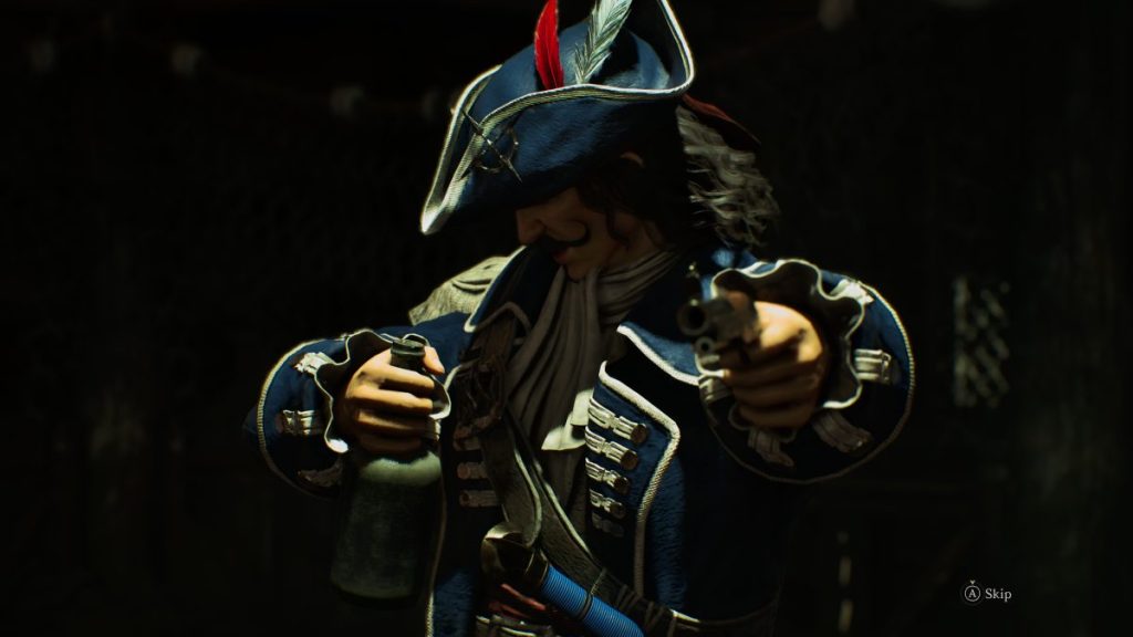 Un personnage habillé en pirate avec une veste bleue ornée, tenant une bouteille dans une main et une arme à feu dans l'autre, pointant vers l'avant.