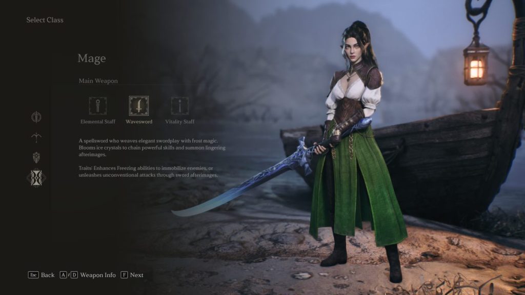 Une mage avec une épée massive, vêtue d'une robe verte élégante, se tient près d'un bateau dans un environnement fantastique.