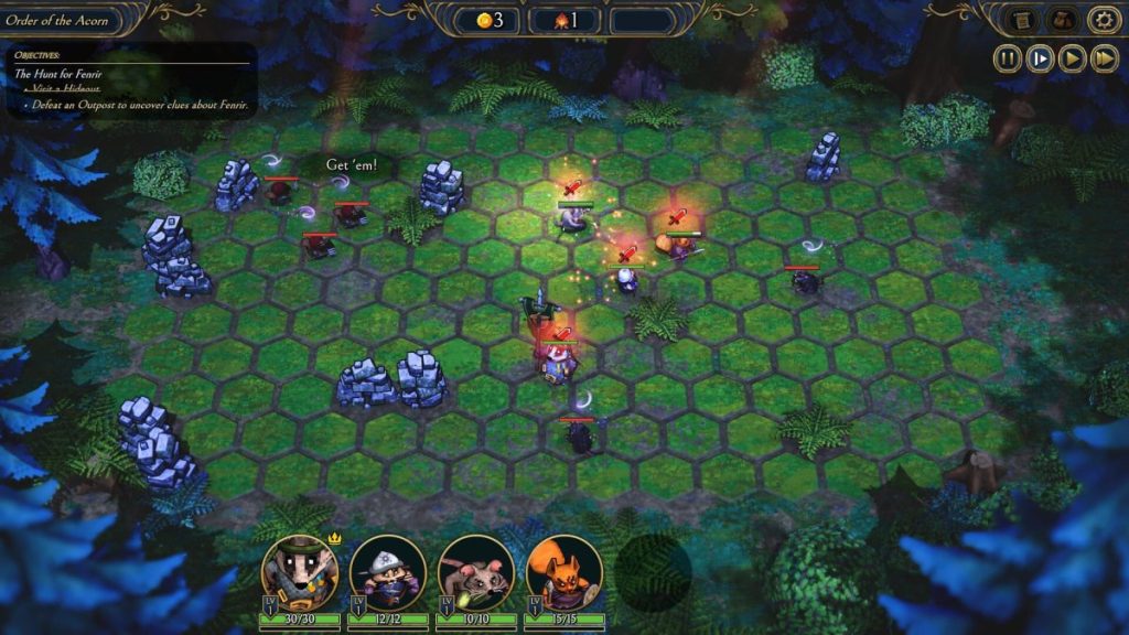 Une scène de jeu où des personnages stratégiques s'affrontent sur un plateau hexagonal, entouré de forêts et de rochers.