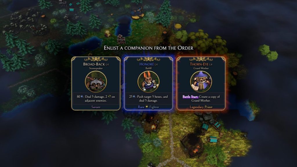 Image d'un jeu vidéo montrant trois compagnons à recruter : Broad-Back (Savant), Honore (Fighter) et Thorn-Eye (Legendary Priest), chacun avec des capacités spéciales.