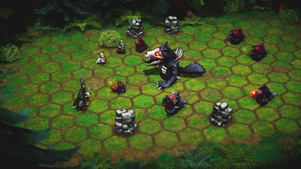 Un personnage de jeu vidéo au centre, entouré de créatures et de structures dans un environnement forestier avec un sol en hexagones.