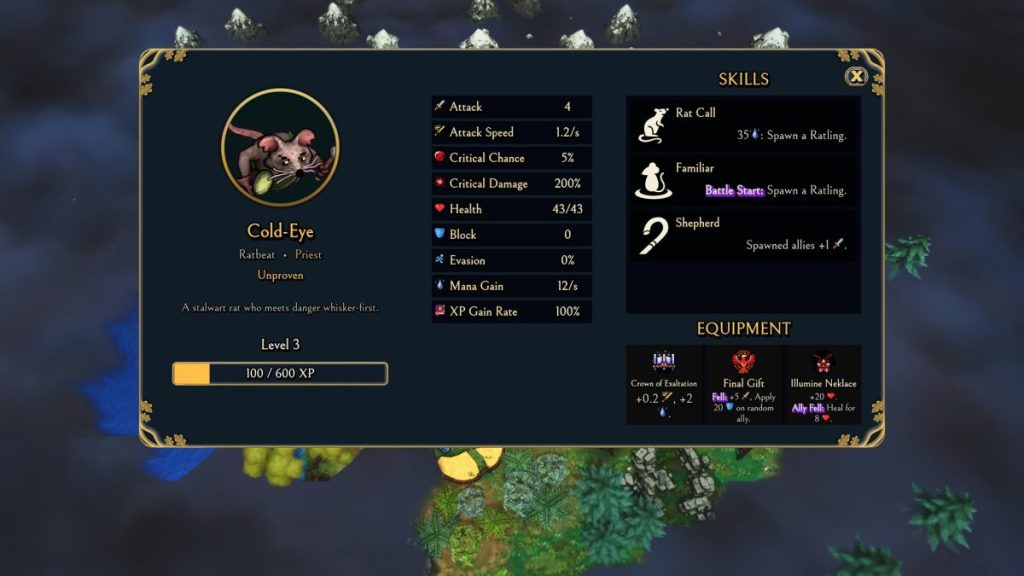 Interface de jeu montrant un personnage nommé Cold-Eye, un rat prêtre de niveau 3, avec des statistiques de compétences et d'équipement.