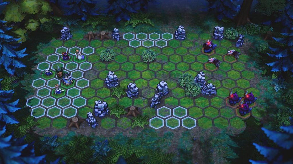 Terrain de jeu stratégique avec des hexagones, des personnages sur la gauche, des rochers et des buissons dans une forêt.