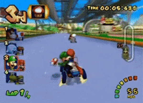 Un jeu de karting en cours avec des personnages de jeux vidéo sur une piste colorée. Le joueur apparaît en troisième position avec Luigi à bord d'un kart.