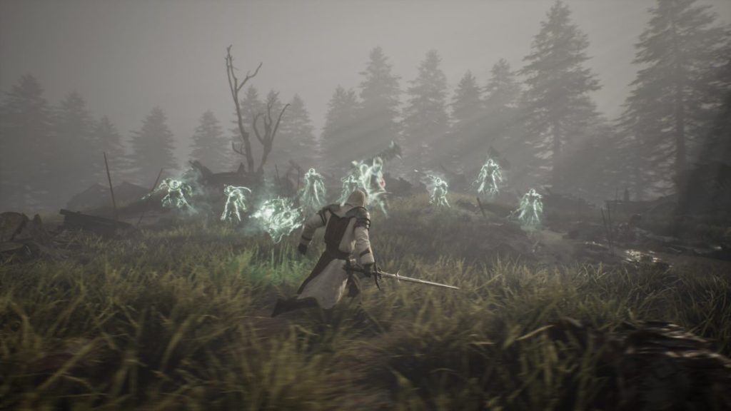 Un guerrier avec une épée, se tenant dans un champ, entouré de silhouettes fantomatiques éthérées sous une lumière diffuse d'une forêt brumeuse.