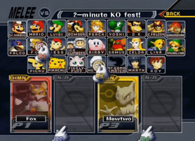 Écran de sélection de personnages dans un jeu vidéo de combat, montrant divers personnages comme Fox et Mewtwo, avec des options pour un match de deux minutes.